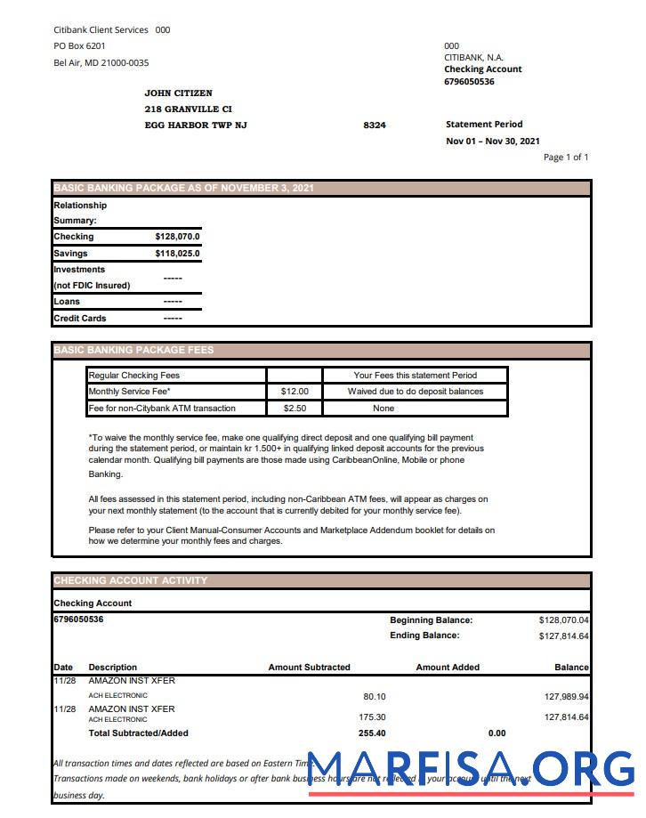 Printable USA City bank statement excel example
